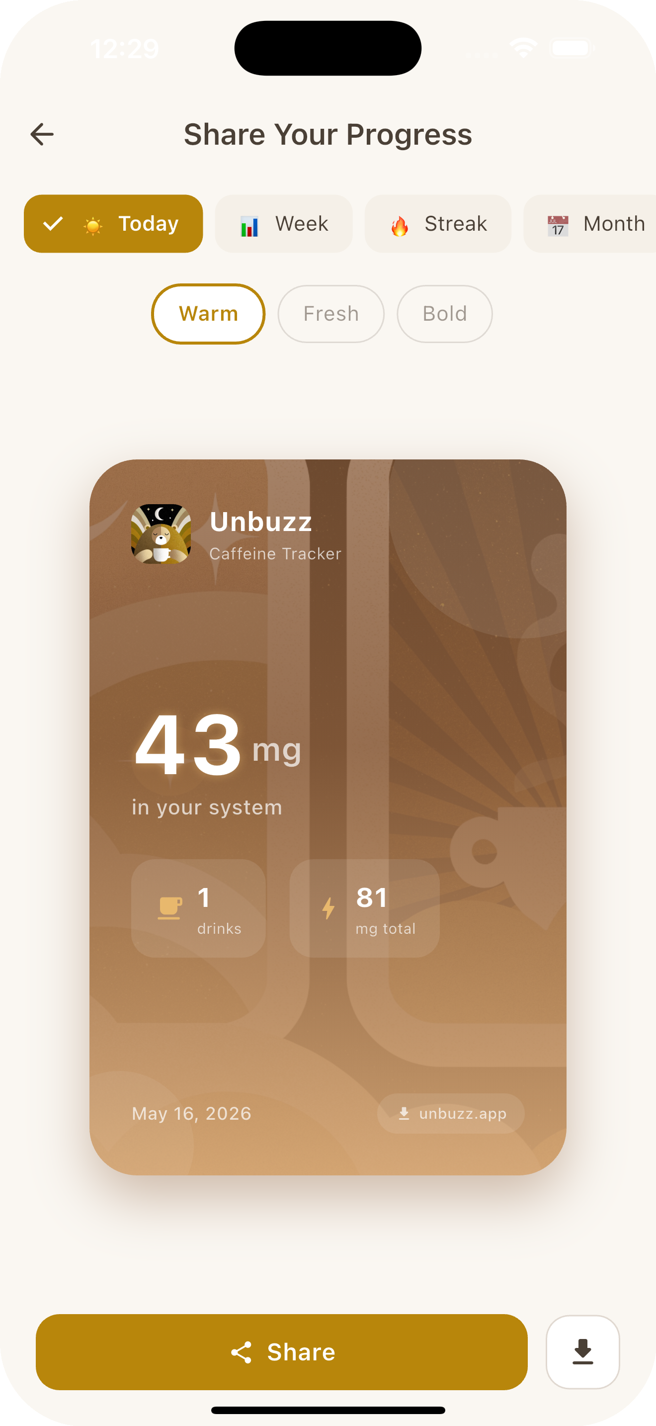 Unbuzz Share Your Progress card on iPhone, with the Today snapshot ready to post