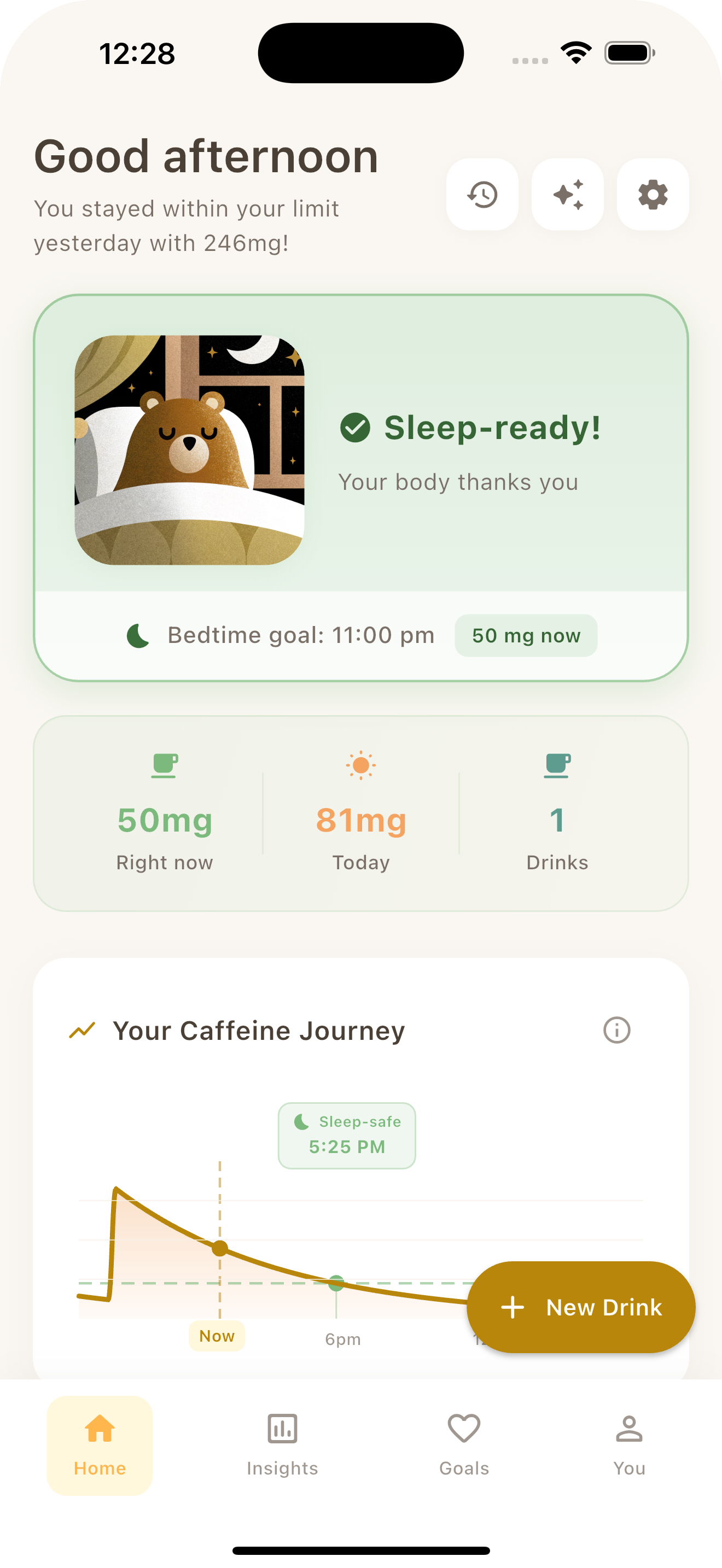 Unbuzz dashboard, live caffeine decay curve, sleep-ready status