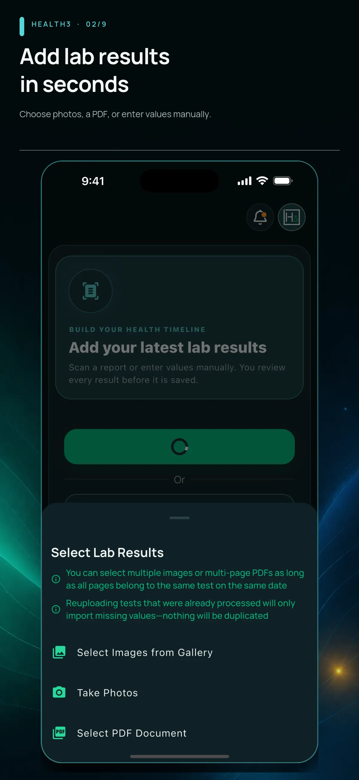 Health3: Add lab results. Choose an existing photo, take a picture, or select a PDF report.