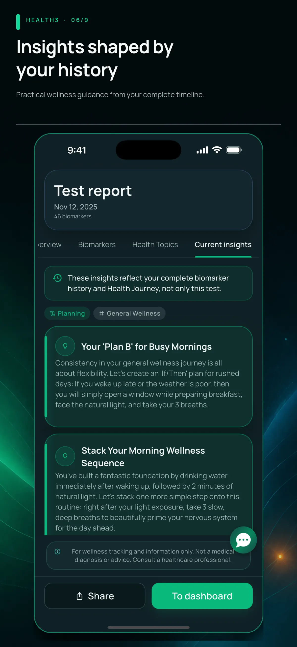 Health3: Report insights. Written context alongside the user’s biomarker history.