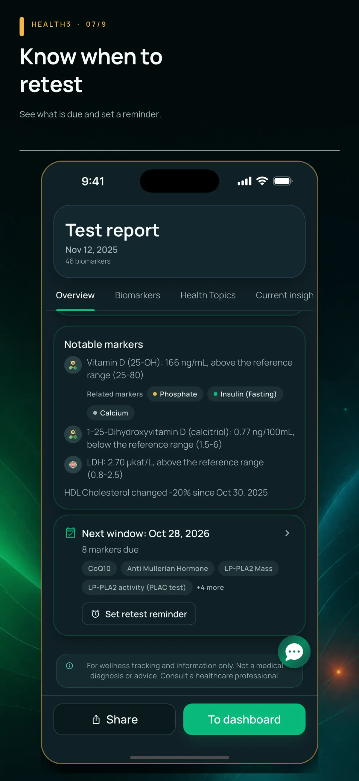 Health3: Retest reminder. A suggested retest window with an option to set a reminder.