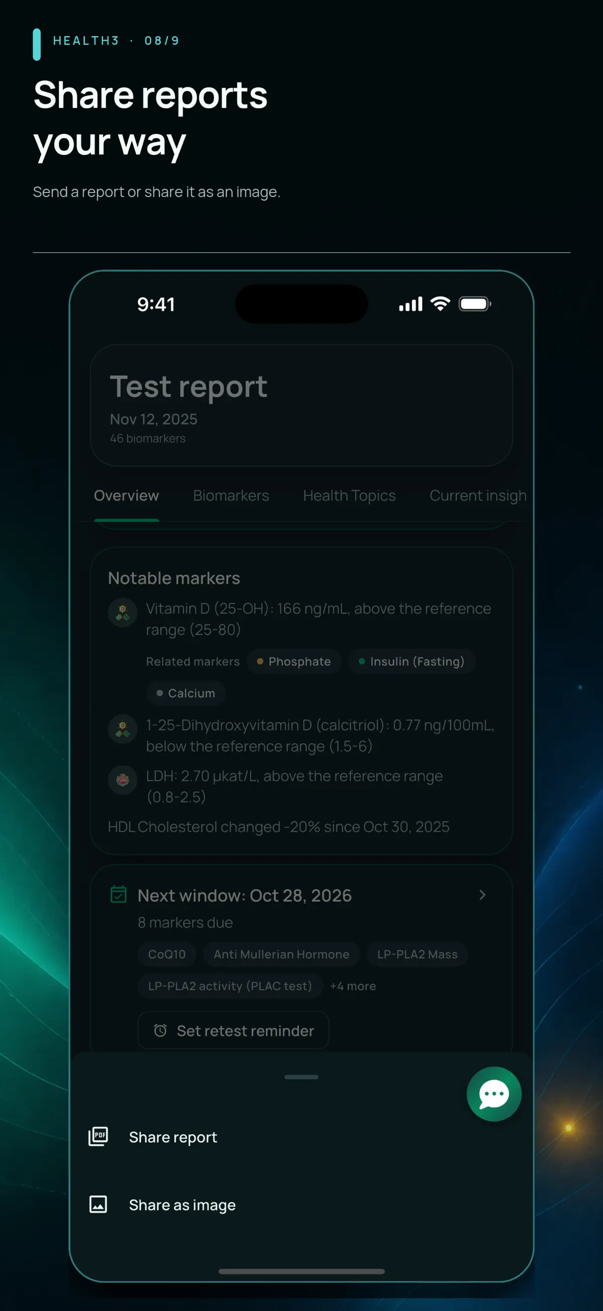 Health3: Share a report. Options to share the report or export it as an image.