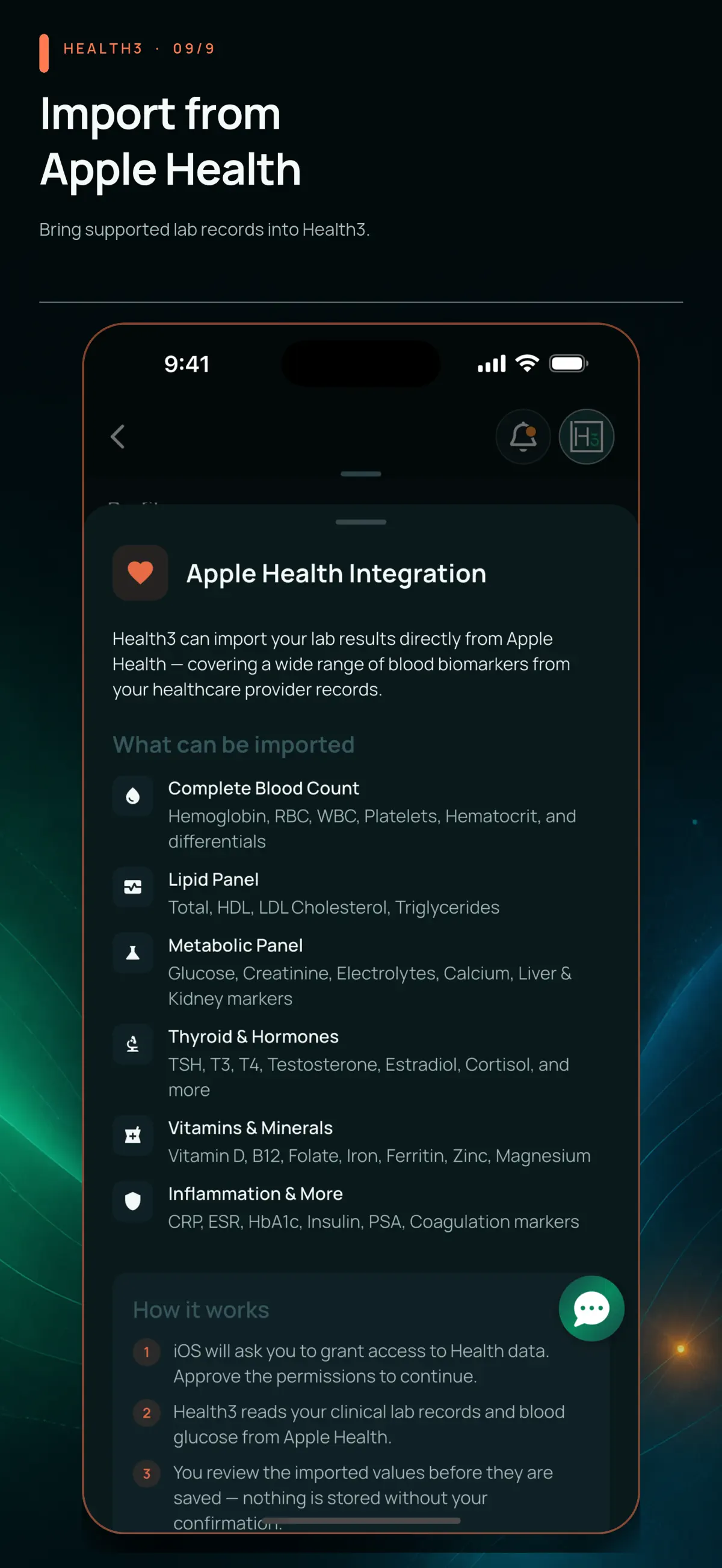 Health3: Apple Health import. Supported lab-record categories and the steps for importing them.