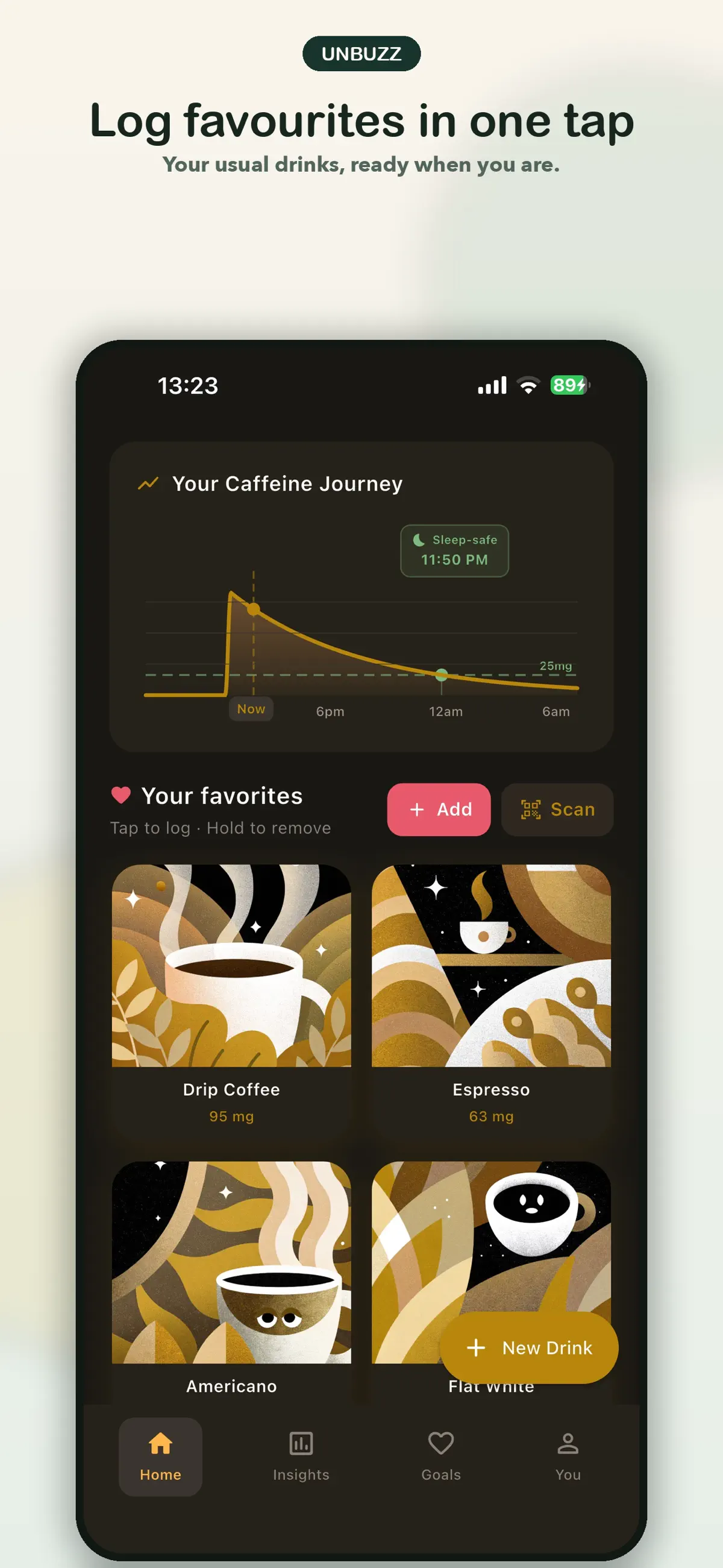 Unbuzz: Drink favourites. Saved drinks beside the timeline, with shortcuts to add or scan a drink.