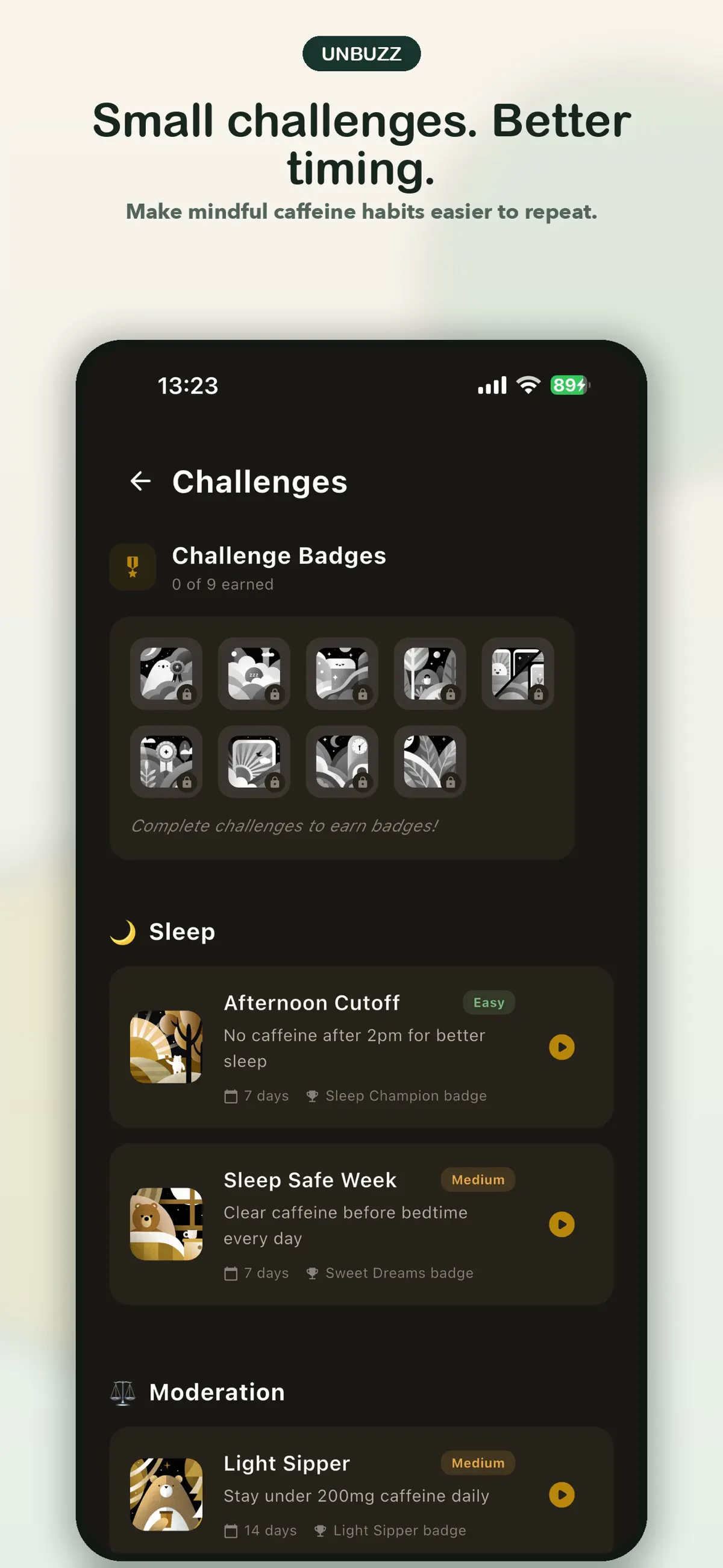Unbuzz: Challenges. Selectable caffeine-tracking challenges with progress indicators.