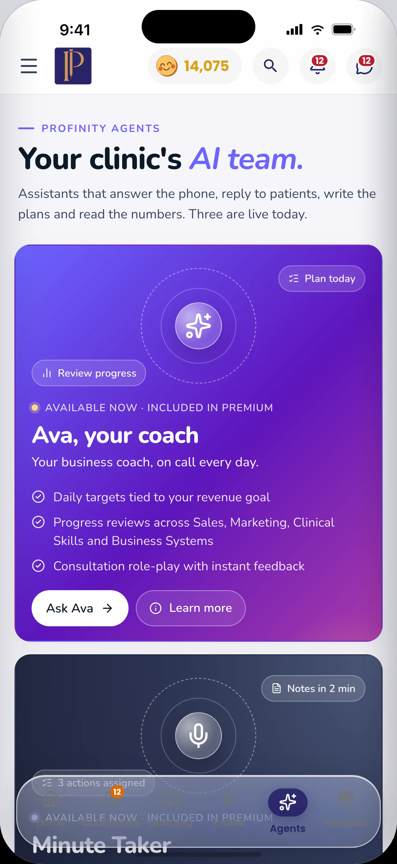 Meet the AI team. The Agents tab introduces Ava, a business coach, alongside other assistants, and shows which ones the member's plan includes.