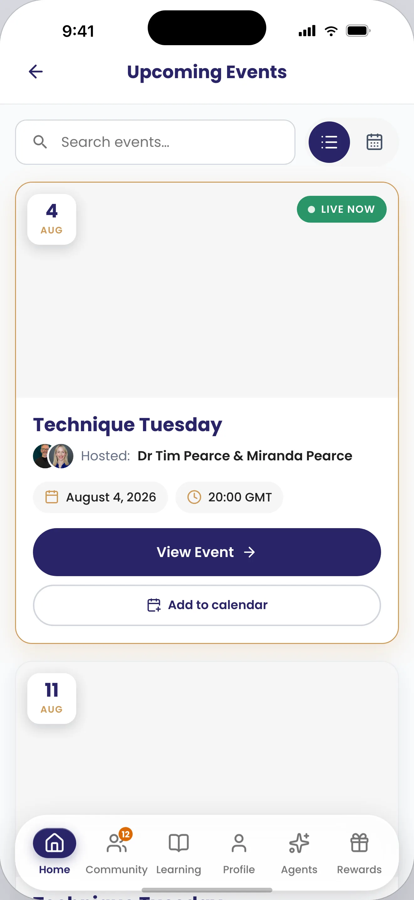 Join live training. Upcoming events show what is live now and who is hosting, with options to open the event or add it to a calendar.