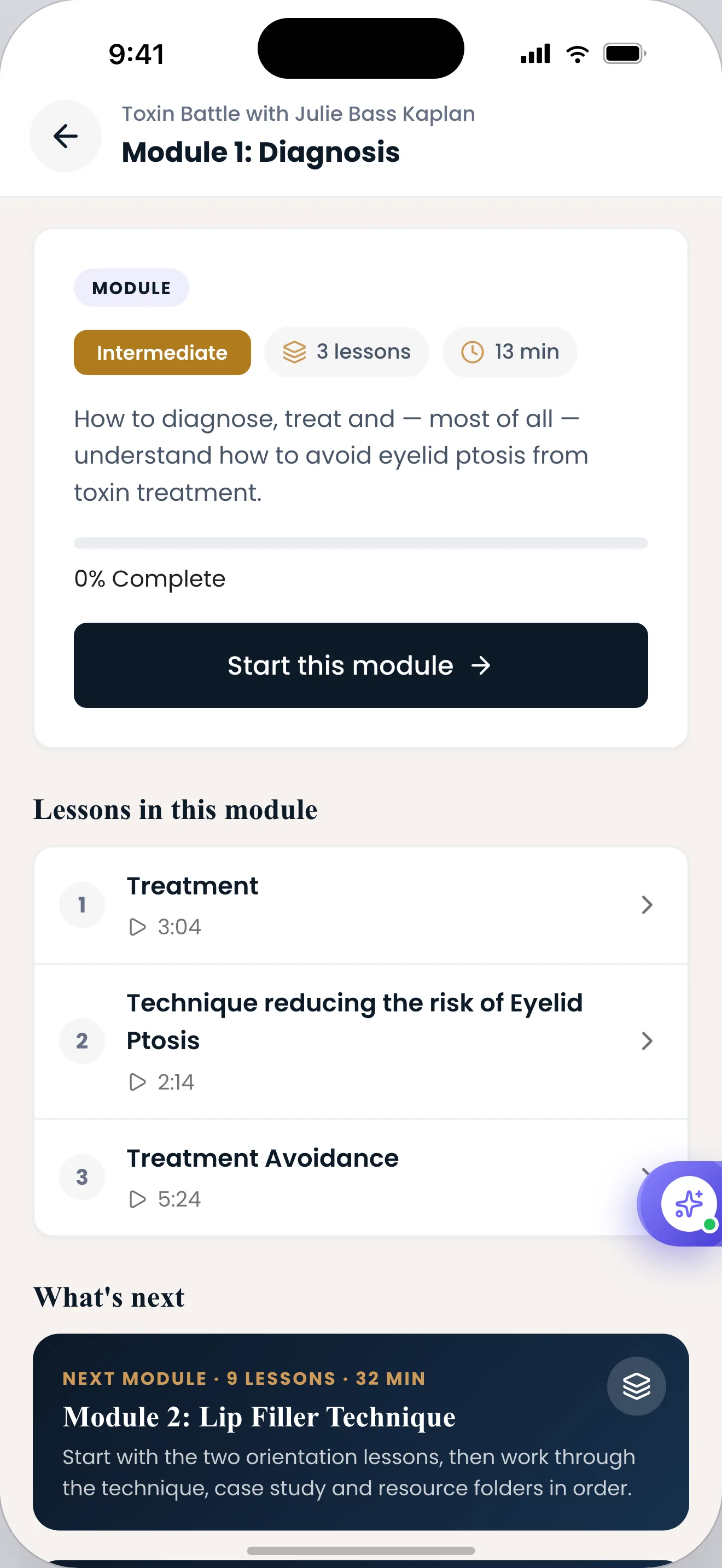 Work through a module. Each module lists its lessons with their durations, tracks progress, and points to the next module once this one is done.