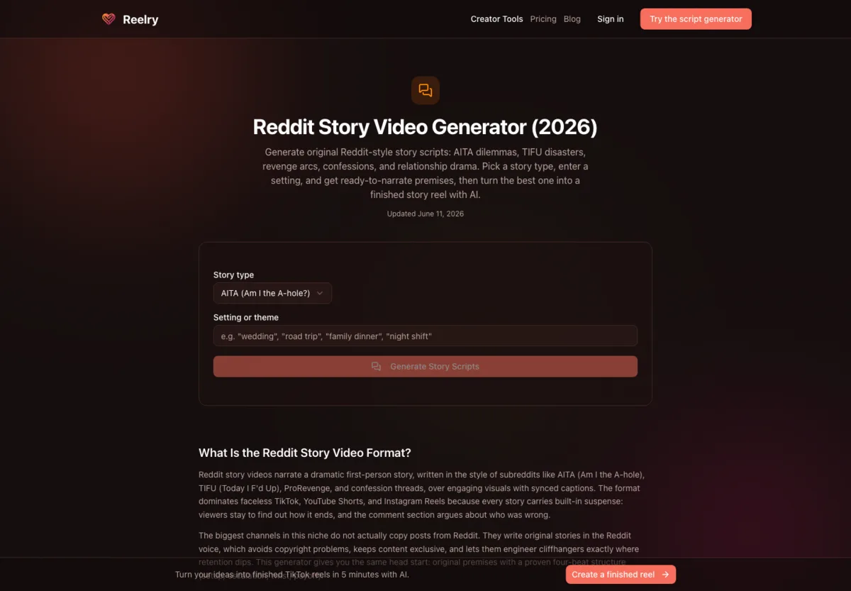 Current Reelry Reddit Story Video Generator interface