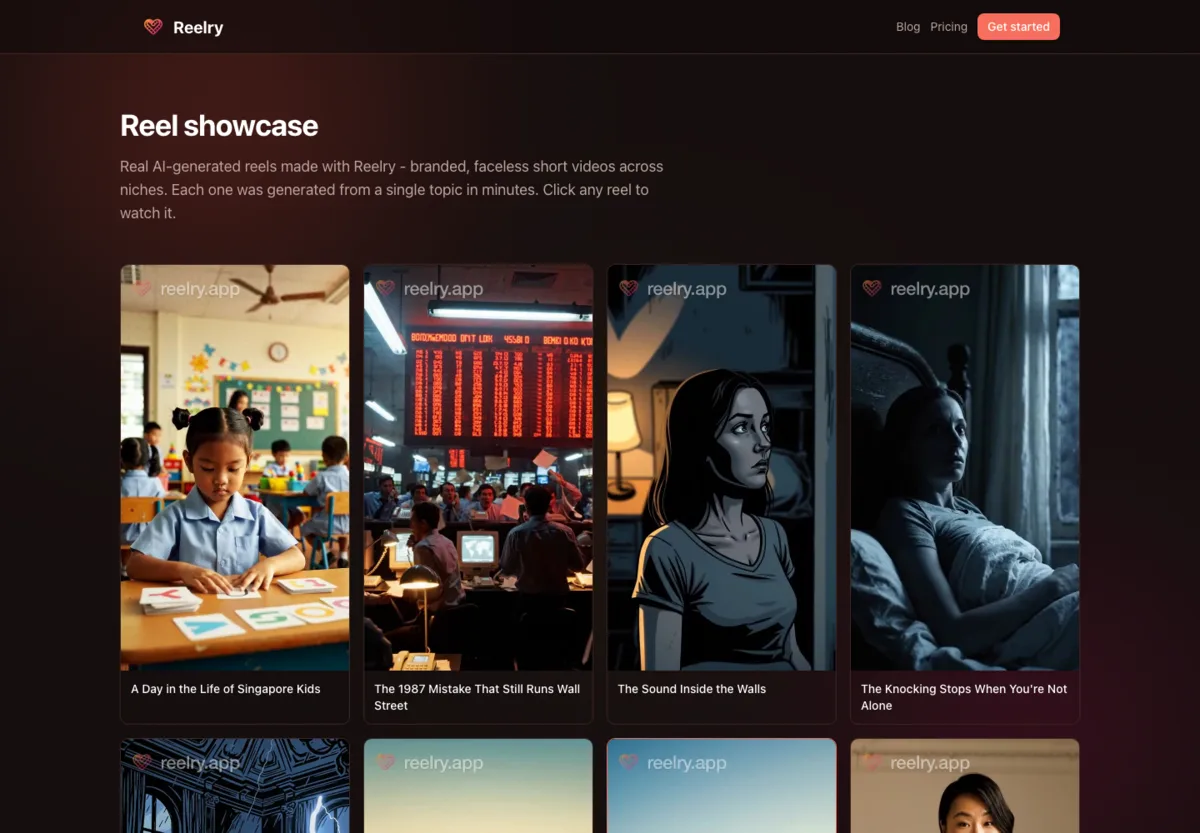 Current Reelry showcase with real generated reels