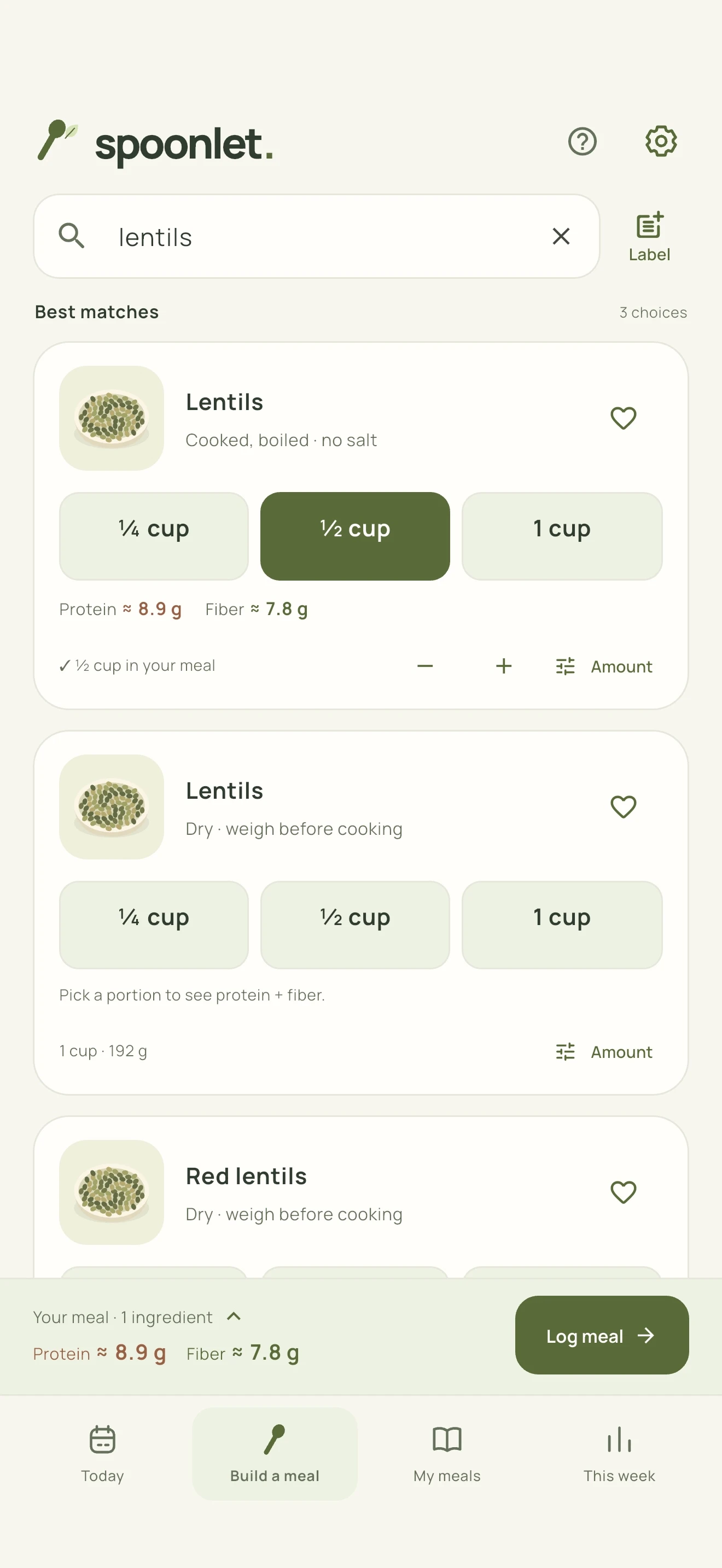 Find an ingredient. Cooked and dry lentils appear separately, with portion choices and both nutrient estimates beside the food.