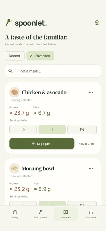 Spoonlet’s meal builder and saved meals from the live product website