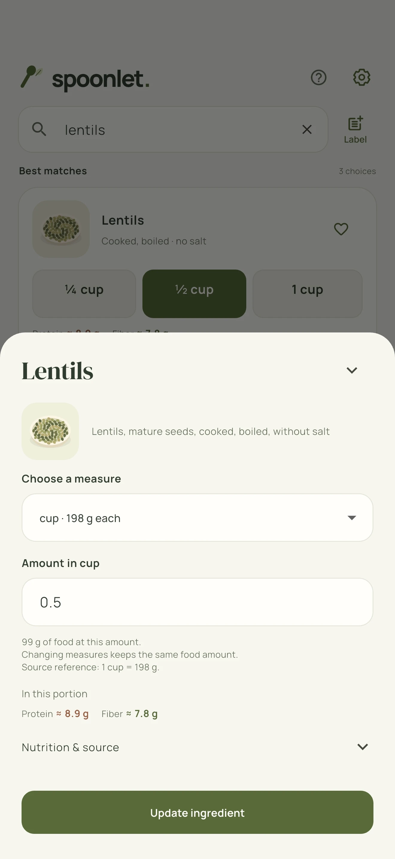 Adjust the portion. A half-cup selection shows its food weight, protein, fiber, and the source of the portion measurement.