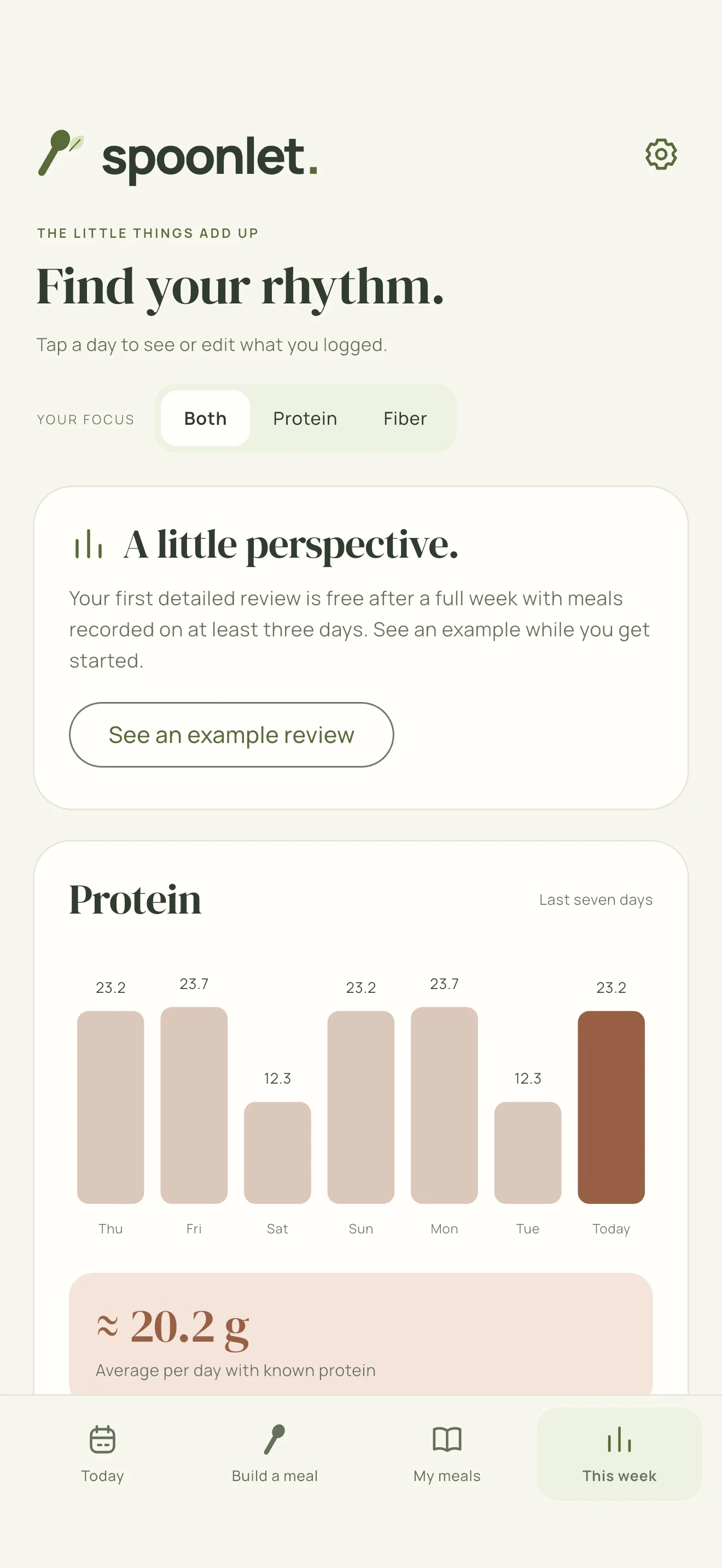 Review the week. A dated view of recorded meals shows daily totals and averages, with separate protein and fiber views.